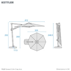 Kettler 3.3m Free Arm Grey Frame / Grey Taupe Canopy Parasol (with LED Lights And Wireless Speaker) -Cheap Hozelock || Kettler || Bosch Store l Kettler freearm