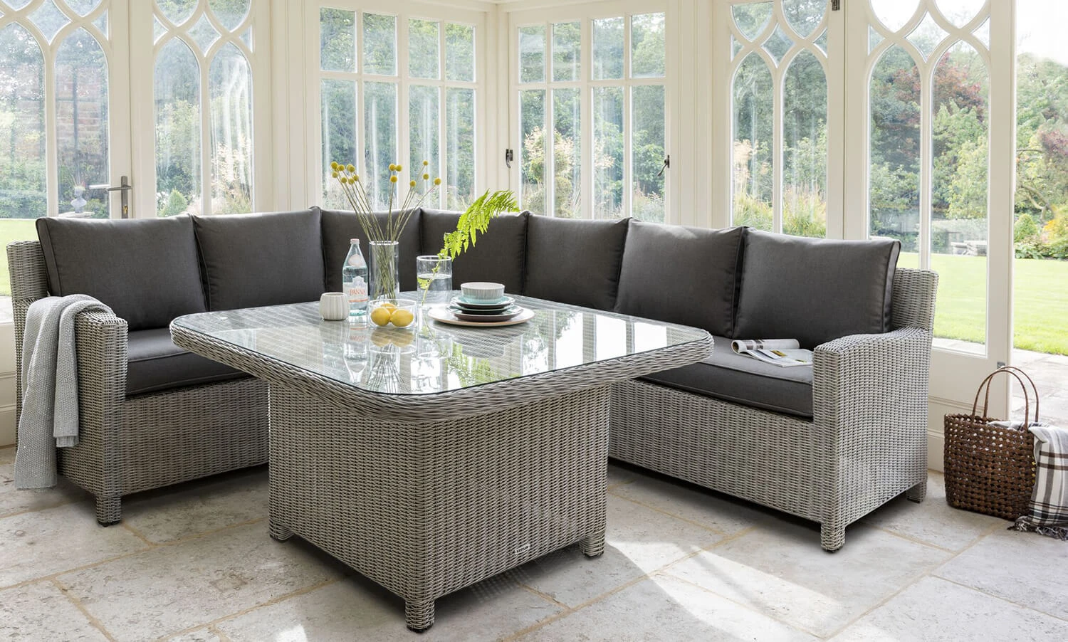 Kettler Palma Grande Corner Sofa Set With Glass Topped Table In White Wash / Taupe 2 Kettler Palma Grande Corner Sofa Set With Glass Topped Table In White Wash / Taupe - Image 2